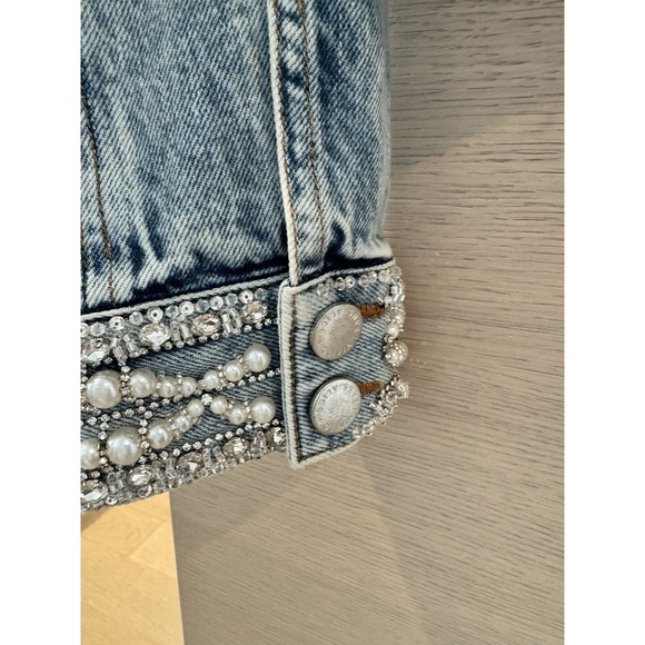 Alice + & Olivia Nelson Crystal Embellished Cropped Denim Jean Jacket Small Blue - Picture 8 of 11
